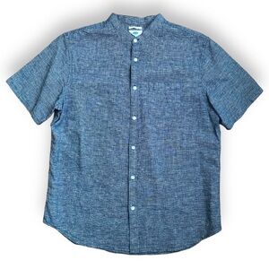 Men’s linen blend collarless banded collar button down shirt blue Slim Fit Large